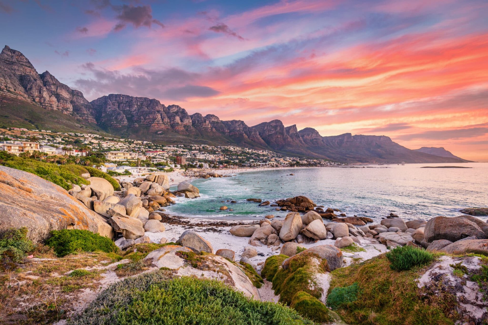 Sunset over Camps Bay beach beneath the Twelve Apostles, Cape Town